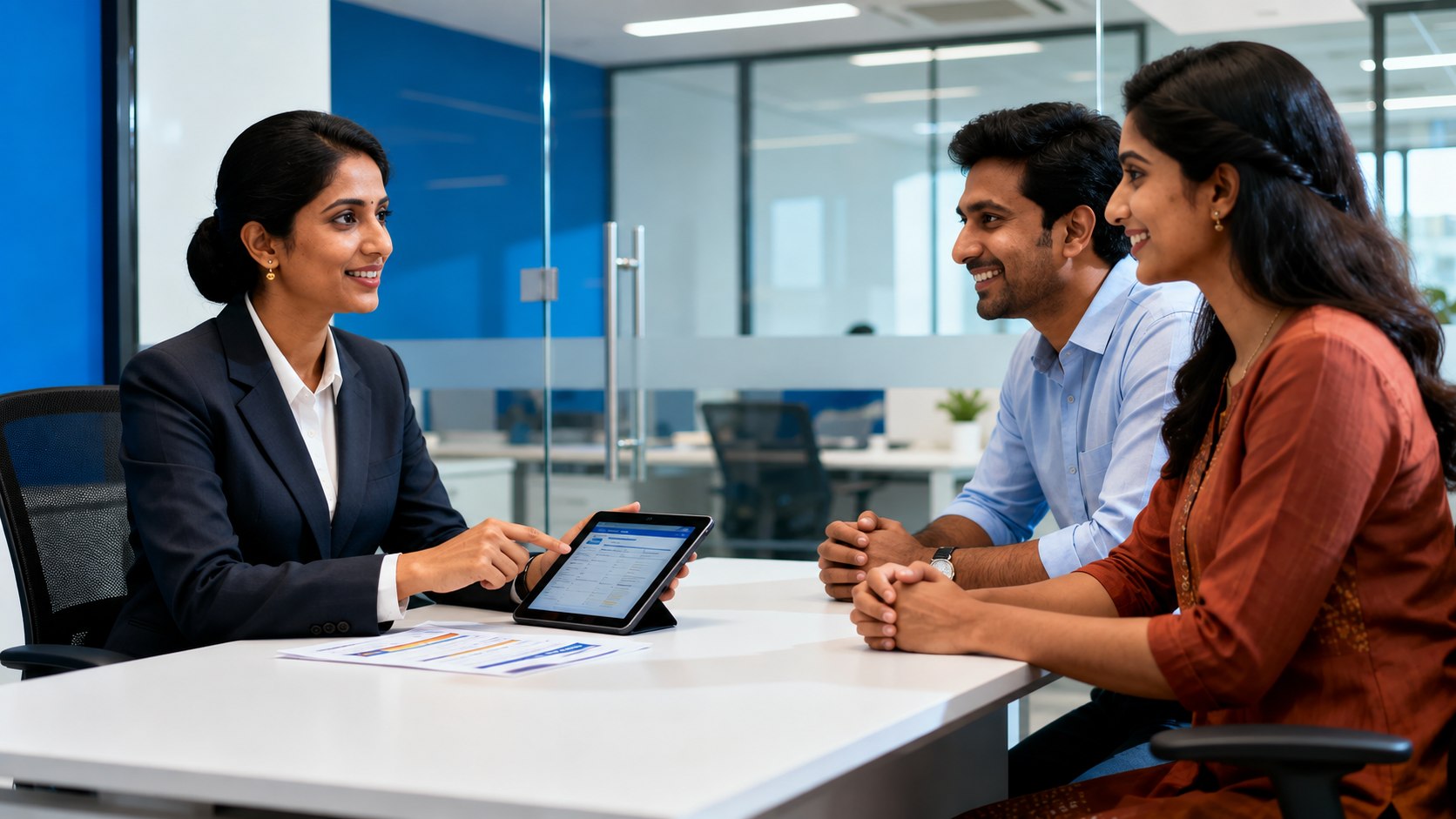 An insurance advisor explaining a health policy to a couple in an office